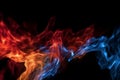 Dynamic interplay of blue and red fire isolated against a black background