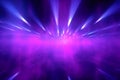 Dynamic interplay of purple and blue searchlights in a smoky abyss.