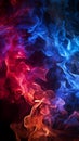 Dynamic interplay of red and blue flames on a black surface