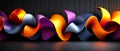 Dynamic intertwined ribbon like structures in vibrant orange and purple tones, set against a sleek black background, blending f