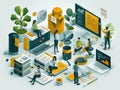 Dynamic Isometric Illustration of a Bustling Case Study Environment with Miniature Professionals Engaging with Oversized Books