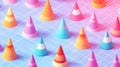 Dynamic isometric party hats in a structured 3D layout with bright colors, a fresh perspective on festive New
