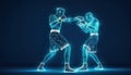 Kickboxing match wireframe illustration with blue background highlighting dynamic movement and fighters in action Royalty Free Stock Photo
