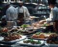 A dynamic kitchen scene where a chef grills savory dishes and a baker plates desserts, showcasing a seamless blend of culinary