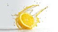Dynamic lemon splash a vivid slice frozen mid splash against a crisp white background Royalty Free Stock Photo