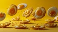 Dynamic Levitating Breakfast Concept with Eggs and Toasts on a Warm Yellow Background