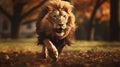 Dynamic Lion Running In Autumn Park: A Photo-realistic Concept Art