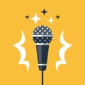 Dynamic microphone, open mic comedy stand up, master of ceremonies or emcee, talk show, podcast or broadcast