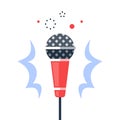 Dynamic microphone, open mic comedy stand up, master of ceremonies or emcee, talk show, podcast or broadcast
