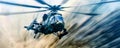 Dynamic military helicopter in flight depicted with blurred motion effect