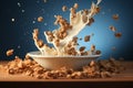 Dynamic milk splash with cornflakes. Royalty Free Stock Photo