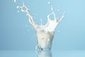 Dynamic Milk Splash in Glass Against Blue Background