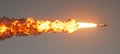 Dynamic missile launch powerful rocket with intense fiery trail on blank white background