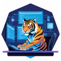 Tiger Developer Coding on Computer Screens Programming Mascot Royalty Free Stock Photo