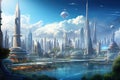 A dynamic and modern metropolis showcasing a futuristic cityscape with an array of towering high-rise buildings, A futuristic city