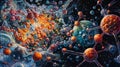 Dynamic molecular interaction cosmic space digital art vast universe close-up view scientific concept