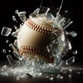 Baseball crashes through glass window, against black background