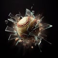 Baseball crashes through glass window, against black background