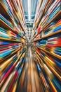 Dynamic motion blur effect through colorful library shelves.