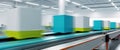 Dynamic Motion of Packages on Conveyor Belt in Modern Warehouse. Royalty Free Stock Photo