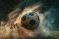 Dynamic motion of a soccer ball with dust exploding in mid-air Royalty Free Stock Photo