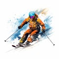 Dynamic Motion: White Watercolor Skier In Orange And Azure Royalty Free Stock Photo