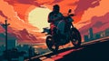 Dynamic Motorcycle Ride At Sunset: Vibrant Poster Art Inspired By 2d Game Art