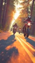 Dynamic motorcycle squad speeds along a forested road, creating excitement