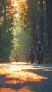 Dynamic motorcycle squad speeds along a forested road, creating excitement