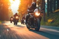 Dynamic motorcycle squad speeds along a forested road, creating excitement