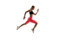 Dynamic movement. Woman runner isolated on white. Jogger running. Sporty runner in fashionable sportswear. Fitness and