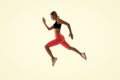 Dynamic movement. Woman runner isolated on white. Jogger running. Sporty runner in fashionable sportswear. Fitness and