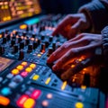 Dynamic music control Hands expertly manipulate the DJ console Royalty Free Stock Photo