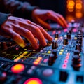 Dynamic music control Hands expertly manipulate the DJ console Royalty Free Stock Photo