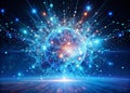 Dynamic Neon Blue Banner Design Illustrating AIPowered Particle Explosion for Futuristic Big Data Visualization