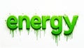 Dynamic neon green energy word splashed on white wall with dripping paint conveying motion Royalty Free Stock Photo