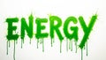 Dynamic neon green energy word splashed on white wall with dripping paint conveying motion Royalty Free Stock Photo