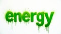 Dynamic neon green energy word splashed on white wall with dripping paint conveying motion Royalty Free Stock Photo