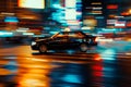 Dynamic night cityscape fast moving car captured with slow shutter speed in high quality image Royalty Free Stock Photo