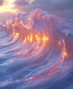 A dynamic ocean wave illuminated by the soft glow of sunset or sunrise. The crest Royalty Free Stock Photo
