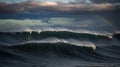 Ocean Waves Curl Under a Dark Cloudy Sky With Hints of a Faint Rainbow Royalty Free Stock Photo