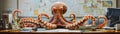 Dynamic office scene with a smiling octopus masterfully balancing a spectrum of tasks a beacon of multitasking prowess Royalty Free Stock Photo