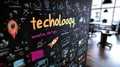 Dynamic office space featuring technology concepts and startup innovations on the wall