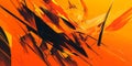 A dynamic orange background with abstract angular lines and shapes, giving it a futuristic,