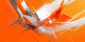 A dynamic orange background with abstract angular lines and shapes, giving it a futuristic,