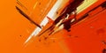 A dynamic orange background with abstract angular lines and shapes, giving it a futuristic,