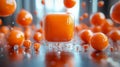 Dynamic orange spheres and a central translucent cube in motion, with floating water droplets in a vibrant, light-filled Royalty Free Stock Photo