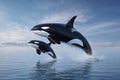 Dynamic Orca Duo Leaping From Serene Ocean Waters Under a Cloudy Sky Royalty Free Stock Photo