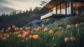 Dynamic Outdoor Shots: Building By The Sea And Tulips Royalty Free Stock Photo