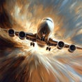 Dynamic painting of airplane in flight amid dramatic skies for aviation art